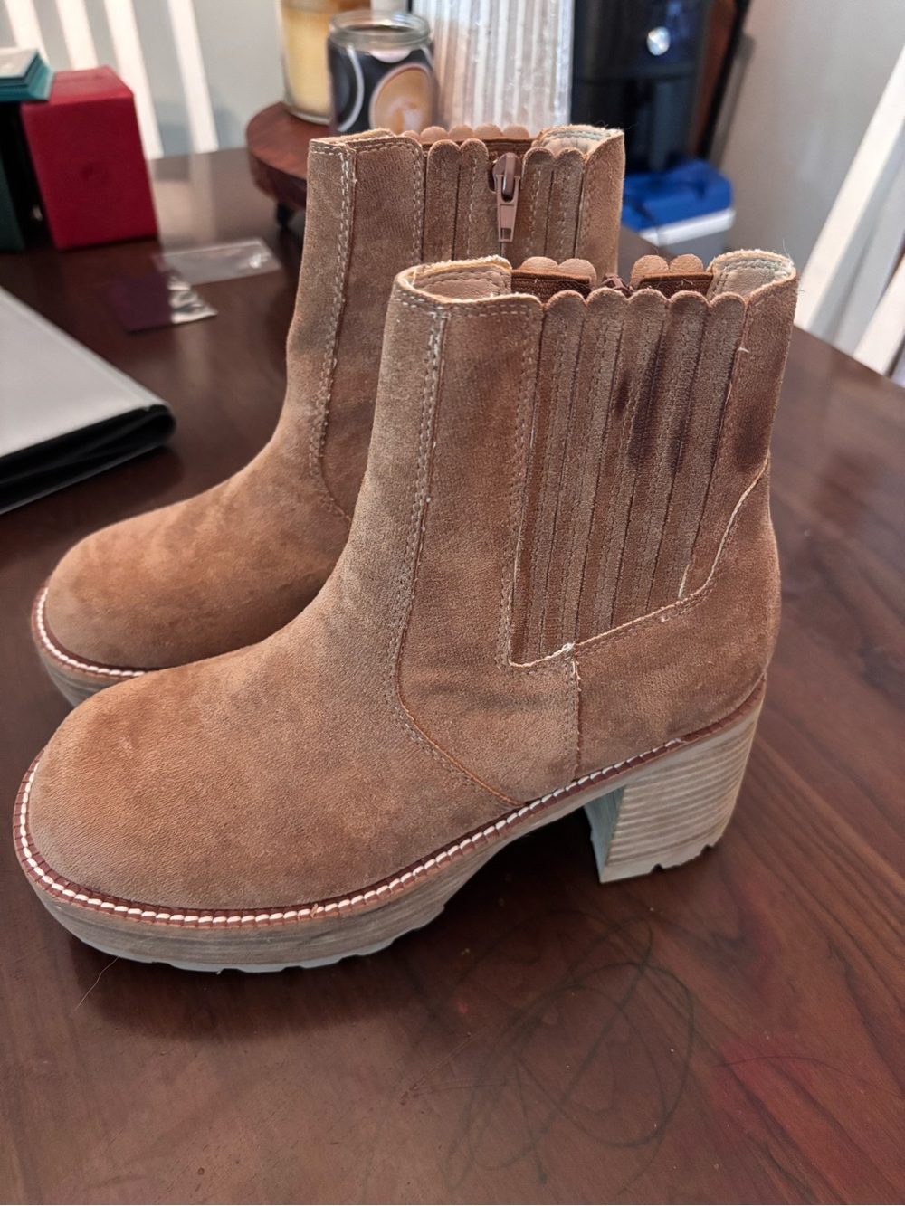 Suede Scalloped Chelsea Ankle Boots - Brown